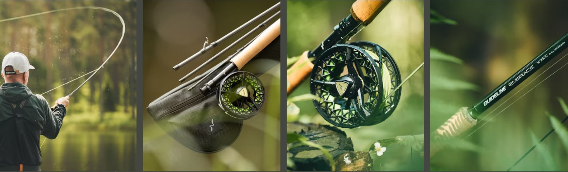 Fishing rod and reel set with a person fishing, close-up of reel, and detailed view of rod.